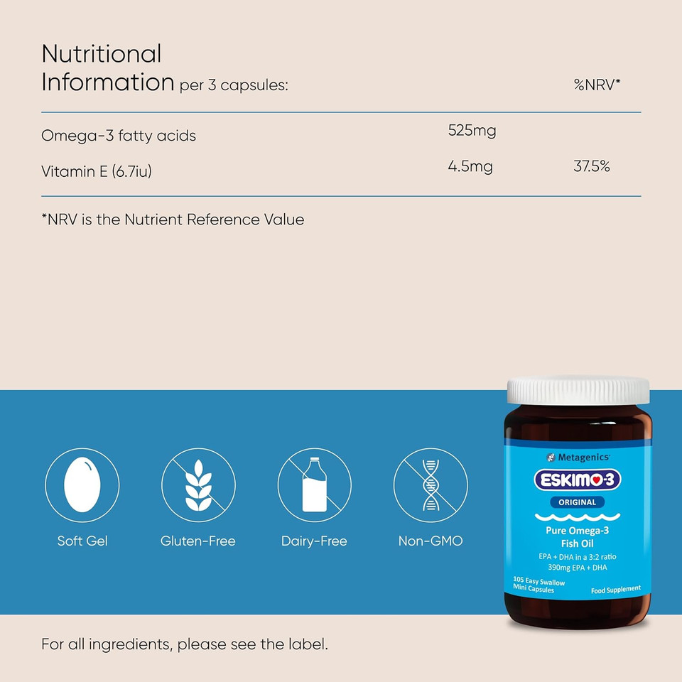 Eskimo-3 Fish Oil by Metagenics - Source of Omega-3 and Essential Fatty Acids EPA & DHA - Brain, Vision & Heart - 105 Mini Capsules