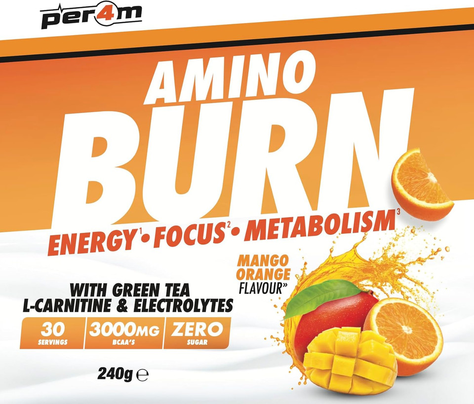 Per4m Amino Burn Powder | L-Carnitine, Cayenne, Green Tea, Pine Bark Extract & Caffeine | Increases Allertness & Attention | Suitable for Vegans | Sugar Free (240g, Mango Orange)
