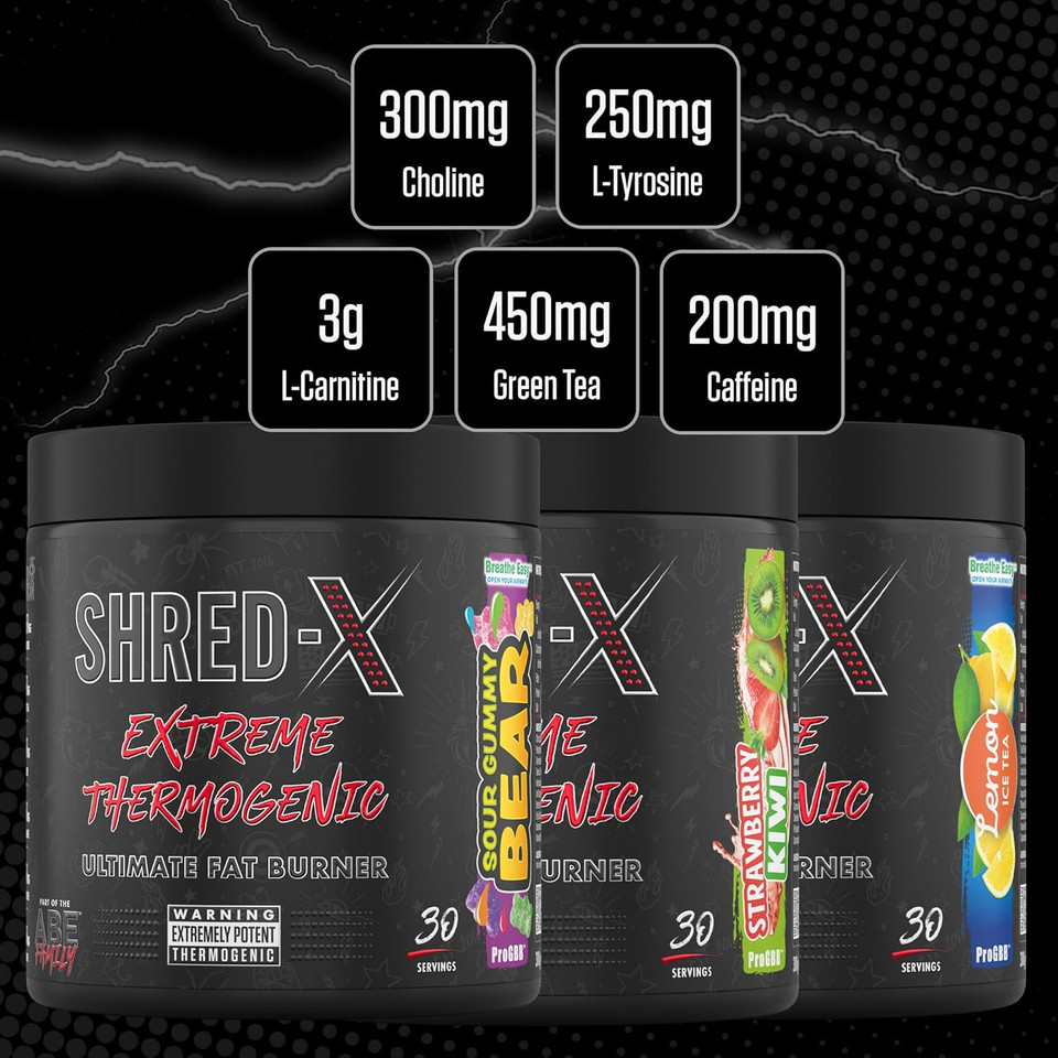 Applied Nutrition Shred X Fat Burner - ABE All Black Everything Fat Burner, Thermo Weight Management (300g - 30 Servings) (Sour Gummy Bear) Applied Nutrition Shred X Fat Burner - ABE All Black Everything Fat Burner, Thermo Weight Management (300g - 30 Servings) (Sour Gummy Bear)