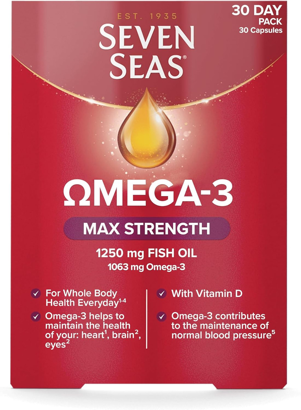 Seven Seas Omega-3 Fish Oil, Max Strength, Omega 3 + Vitamin D for Whole Body Health+, 30 Capsules (Pack of 2)