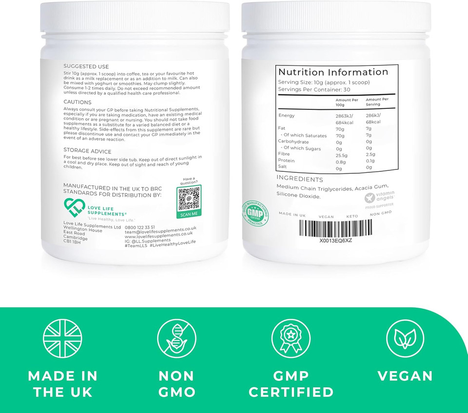 MCT Powder by LLS, 300g - 30 Servings, 100% from Coconuts, MCT Oil Powder High in Healthy Fats and Acacia Fibre, 0g Carbs, Perfect for Keto Diet, Completely Vegan, Lab Tested - Love Life Supplements