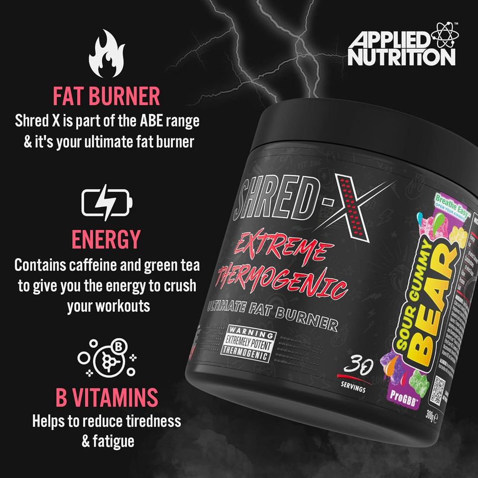 Applied Nutrition Shred X Thermo Powder, Weight Loss, Fat Burner with Green Tea, L Carnitine, Theanine, Tyrosine, Thermogenic Energy Detonator Supplement, Sour Gummy Bear, 300 g Applied Nutrition Shred X Thermo Powder, Weight Loss, Fat Burner with Green Tea, L Carnitine, Theanine, Tyrosine, Thermogenic Energy Detonator Supplement, Sour Gummy Bear, 300 g