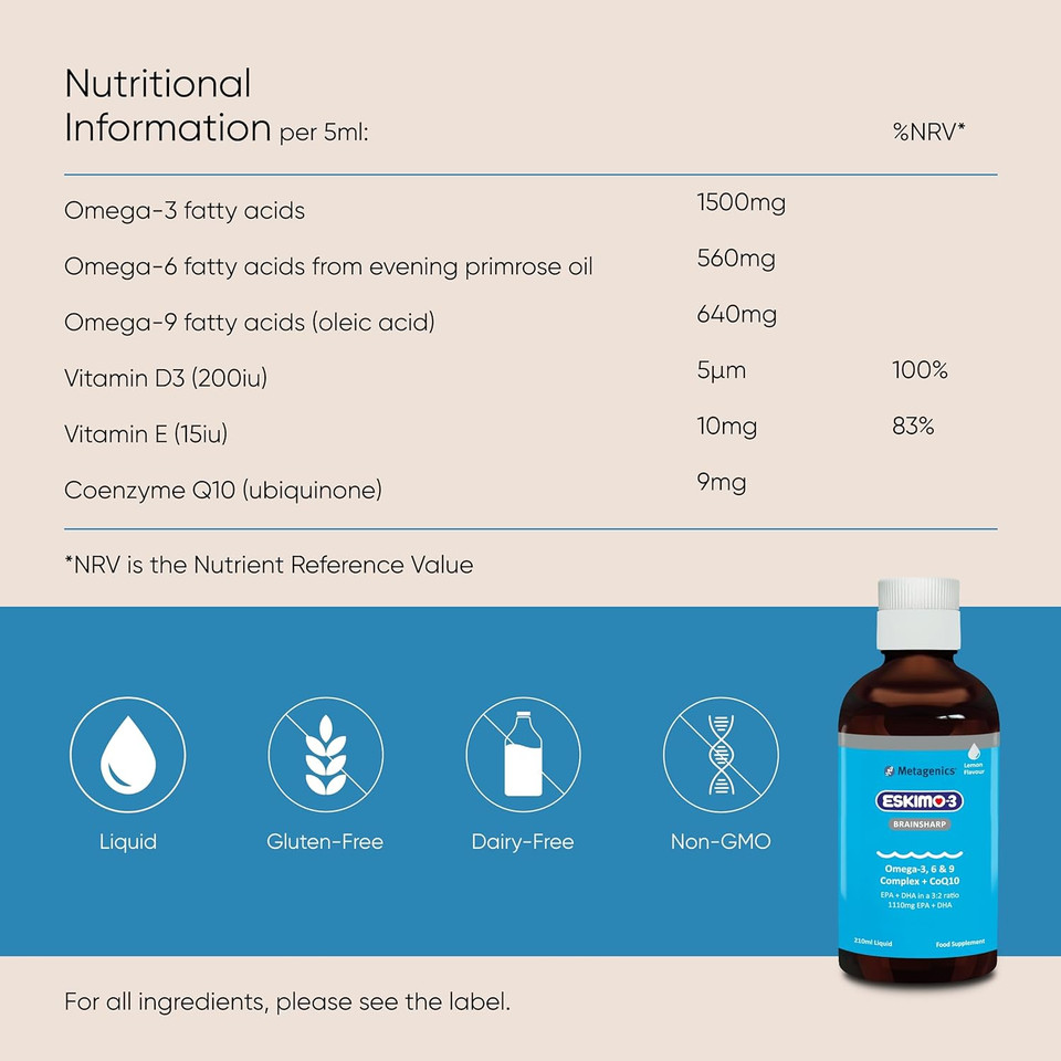 Eskimo-3 Brainsharp Fish Oil by Metagenics - Omega-3, 6 & 9 + CoQ10 for Memory & Concentration - 1110mg EPA & DHA - Lemon Flavour, 210ml