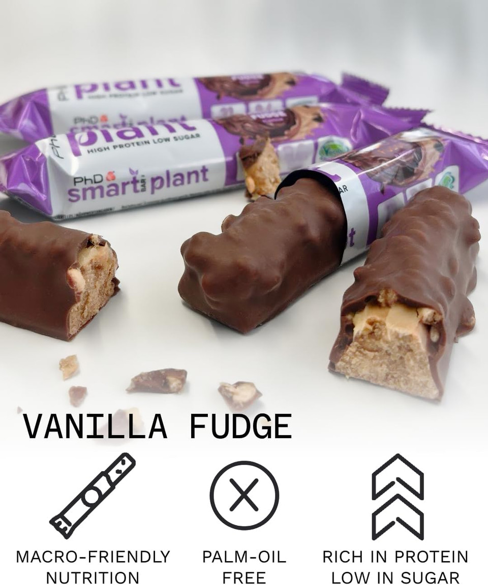 PhD Nutrition Smart Plant Bar Low Calorie, High Protein Low Sugar Vegan Protein Bar/Protein Snacks, Salted Caramel Flavour, 20g of Plant Protein, 64g Bar (12 Pack) PhD Nutrition Smart Plant Bar Low Calorie, High Protein Low Sugar Vegan Protein Bar/Protein Snacks, Salted Caramel Flavour, 20g of Plant Protein, 64g Bar (12 Pack)