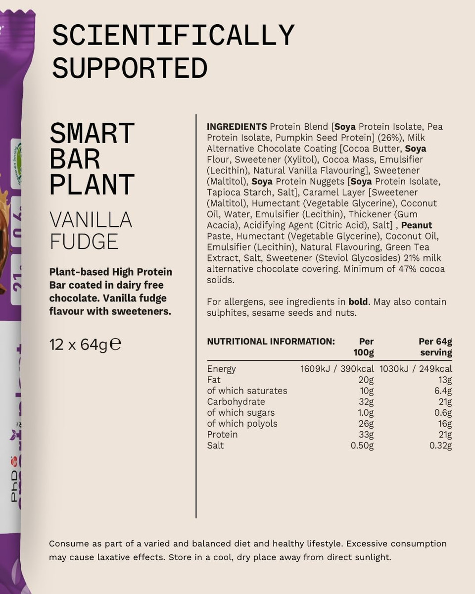 PhD Nutrition Smart Plant Bar Low Calorie, High Protein Low Sugar Vegan Protein Bar/Protein Snacks, Salted Caramel Flavour, 20g of Plant Protein, 64g Bar (12 Pack) PhD Nutrition Smart Plant Bar Low Calorie, High Protein Low Sugar Vegan Protein Bar/Protein Snacks, Salted Caramel Flavour, 20g of Plant Protein, 64g Bar (12 Pack)