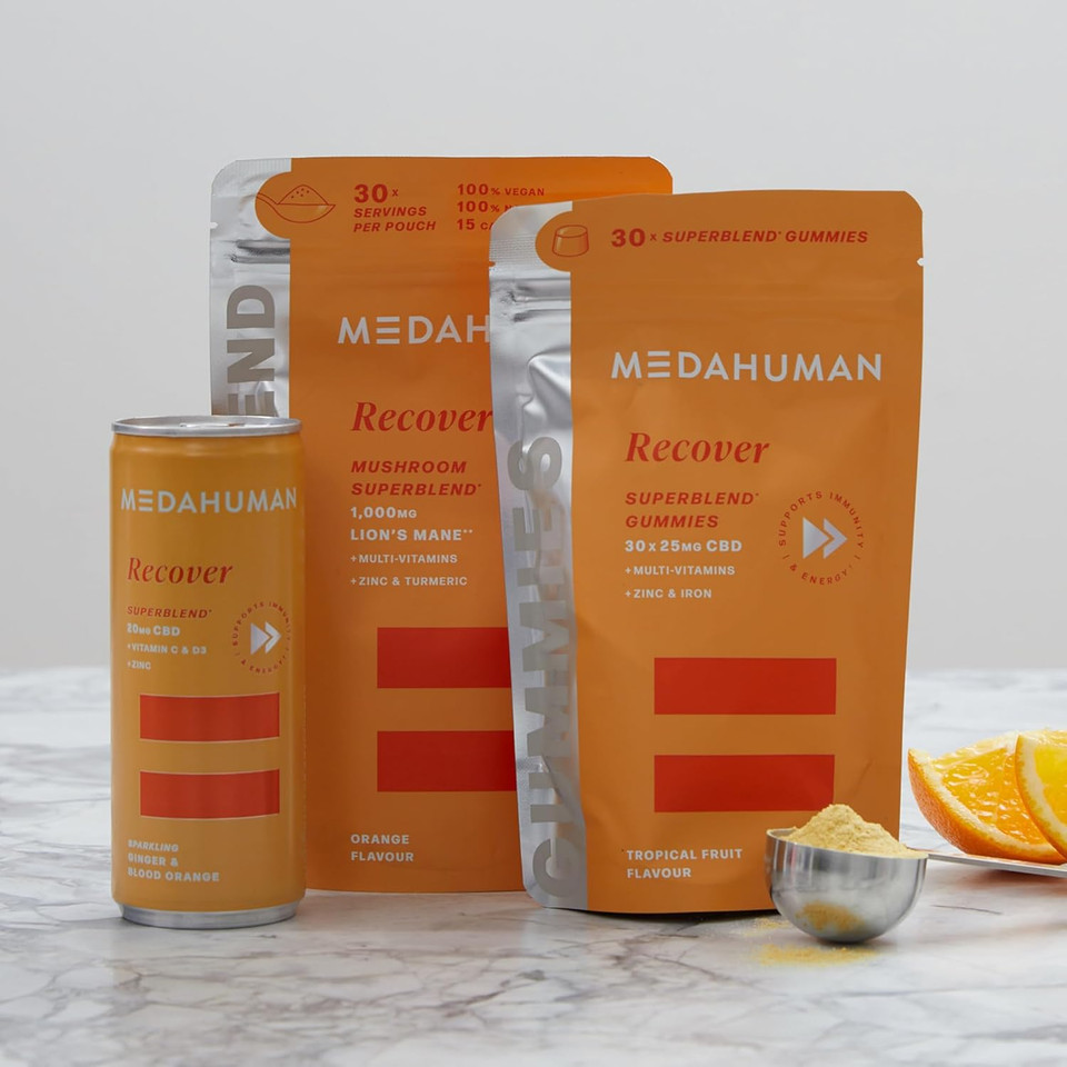 MEDAHUMAN CBD Drink (20mg), Recover, Blood Orange & Ginger, with Turmeric, Zinc, Vitamin C & D3, Low Calorie, Immune System Booster, Adaptogens & CBD Infused Fizzy Drink (Pack of 12 x 250ml)