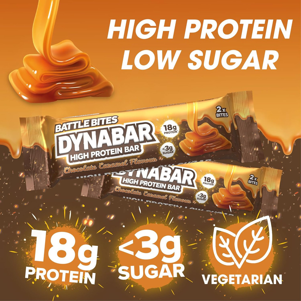 Battle Bites Dynabar High Protein Bars 12 x 60g - Chocolate Caramel Flavour - Low in Sugar, Free from Preservatives, Non-GMO, Suitable for Vegetarians - 18g protein + 243 calories per bar - Made in UK