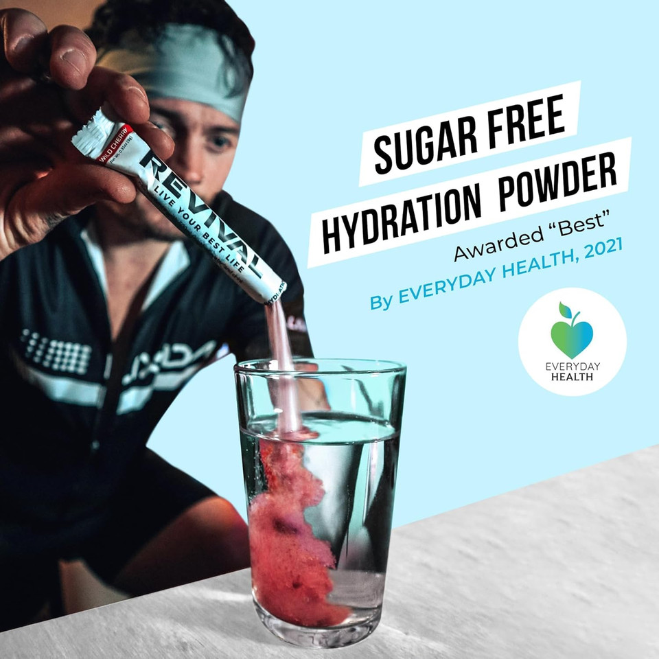 Revival Zero Rehydration Electrolytes Powder - Sugar Free Hydration Sachet Drink with Vitamins C, B1, B3, B5, B12-28 Pack Peach Iced Tea