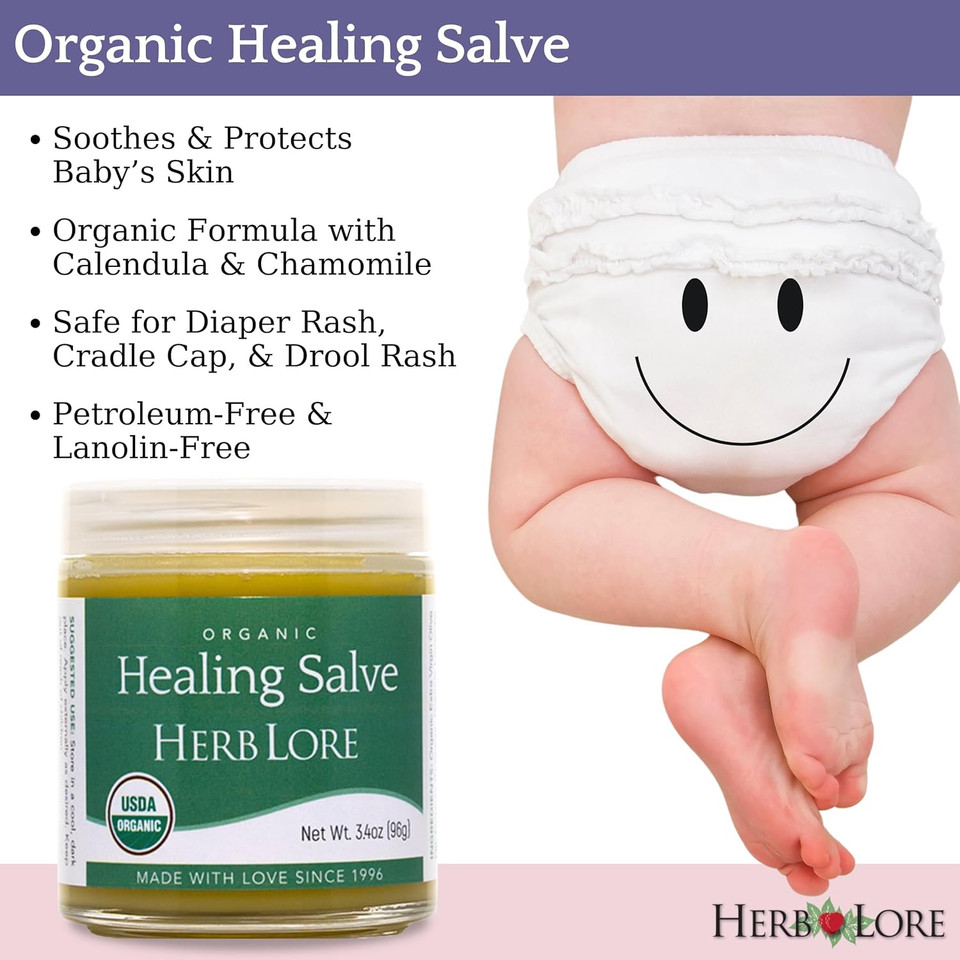 Herb Lore Healing Salve Ointment - Organic Baby Diaper Rash Cream  Natural Soothing Balm With Calendula For Cradle Cap, Drool Rash, Dry & Irritated Skin, Face & Body (3.4 Oz)