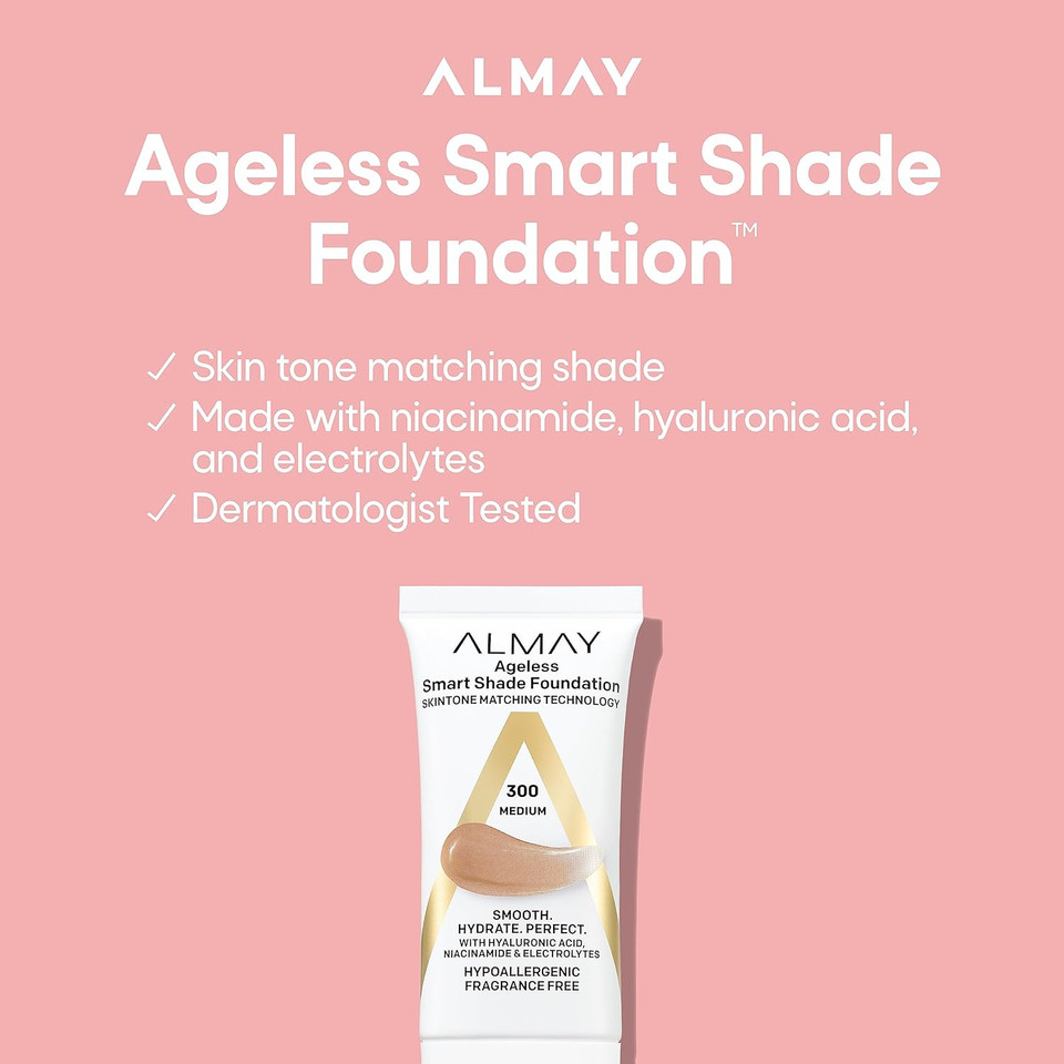 Almay Anti-Aging Foundation, Smart Shade Face Makeup With Hyaluronic Acid, Niacinamide, Vitamin C & E, Hypoallergenic, -Fragrance Free, 400 Beige, 1 Fl Oz (Pack Of 1)