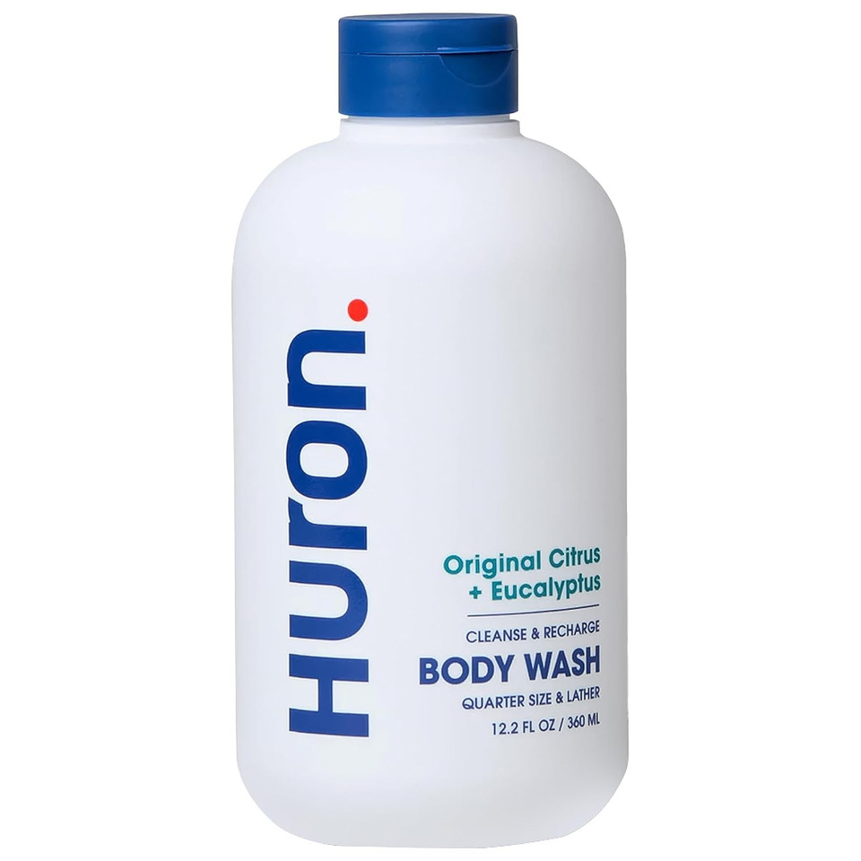 Huron MenS Moisturizing Body Wash - Clean & Woody Scent Of Sandalwood, Black Pepper, Cedarwood, & Amber - Made With Coconut Oil, Vitamin E & Witch Hazel - Vegan, Cruelty-Free - 12.2 Fl Oz