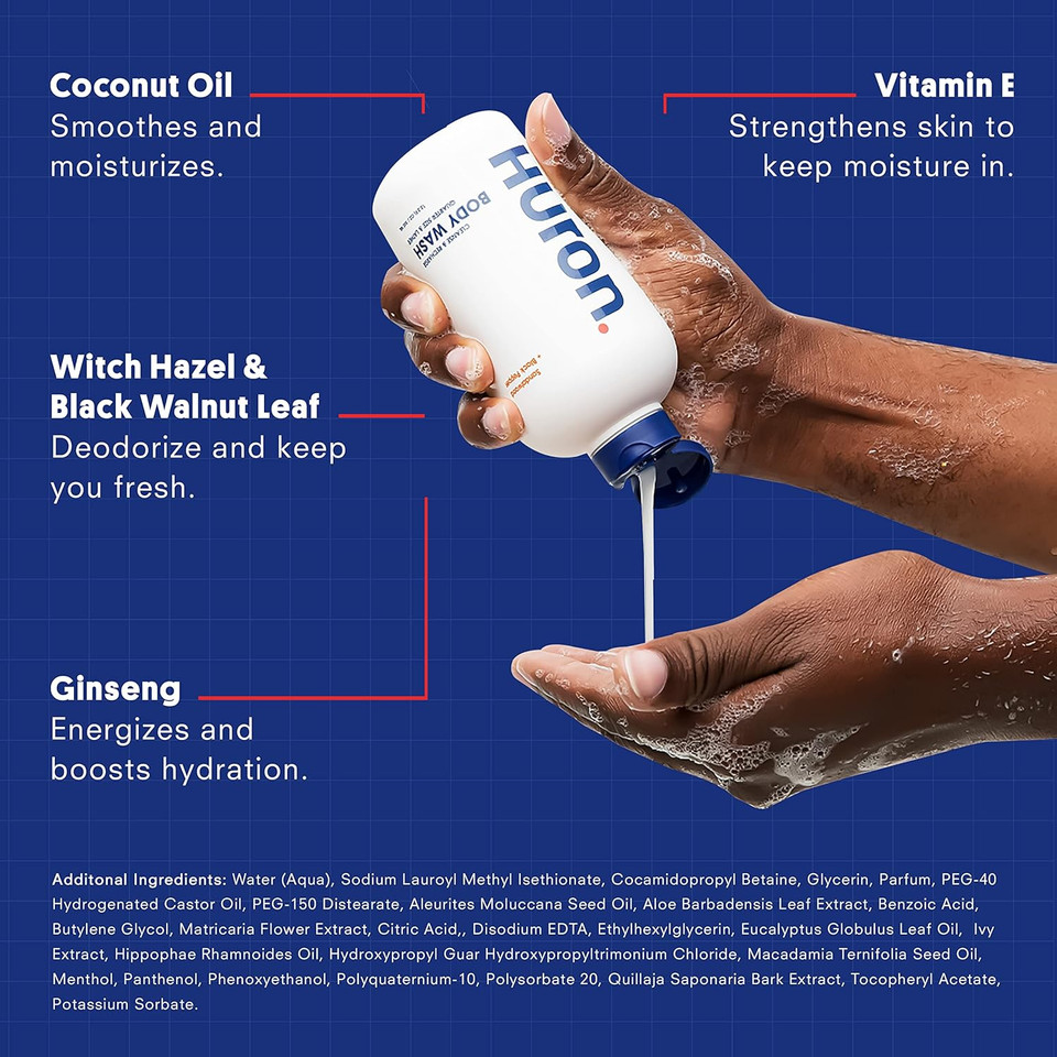 Huron MenS Moisturizing Body Wash - Clean & Woody Scent Of Sandalwood, Black Pepper, Cedarwood, & Amber - Made With Coconut Oil, Vitamin E & Witch Hazel - Vegan, Cruelty-Free - 32 Fl Oz