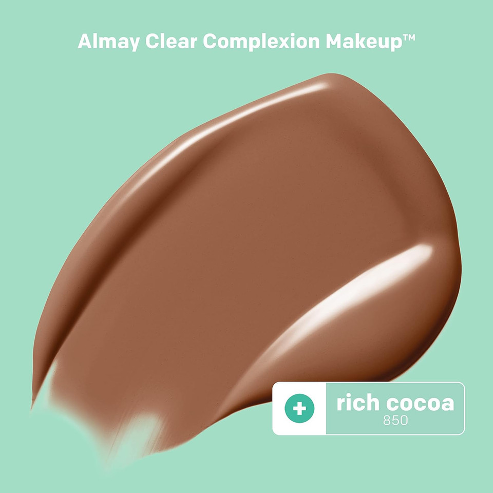 Almay Clear Complexion Acne Foundation Makeup with Salicylic Acid - Lightweight, Medium Coverage, Hypoallergenic, Fragrance-Free, for Sensitive Skin, 850 Rich Cocoa, 1 fl oz850 Rich Cocoa1 Fl Oz (Pack of 1)