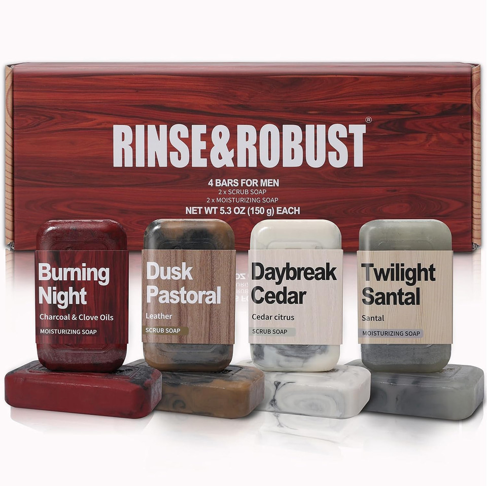 Rinse & Robust Men'S Natural Bar Soap Gift Set - 4-In-1 Exfoliating & Moisturizing Cleansing Bar For Face, Body, Hands & Shaving | All Skin Types | Luxury 4-Pack (5.3 Oz Each),Cedar Citrus Scent