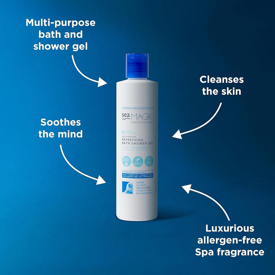 Refreshing Bath Shower Gel 10.14Oz/ 300Ml With Dead Sea Salt, Organic Seaweed And Plant Extracts /100% Vegan/Sustainable Packaging