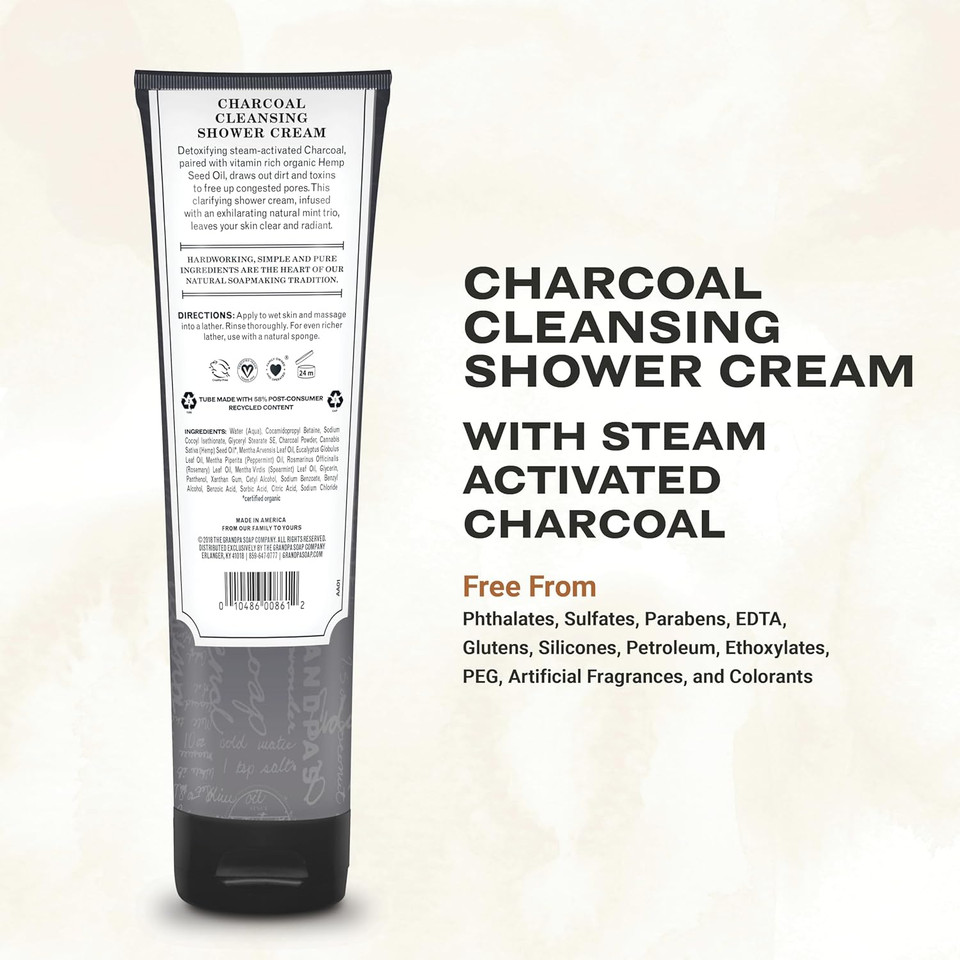 The Grandpa Soap Company Charcoal Cleansing Shower Cream - Clarifies & Restores Congested Pores, With Activated Charcoal & Hemp Seed Oil, Detoxifies, 9.5 Fl Oz, 2 Pack