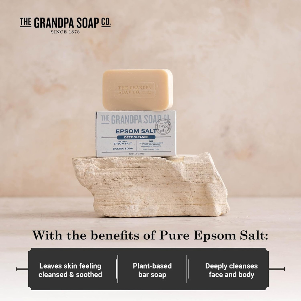 The Grandpa Soap Company Epsom Salt Bar Soap - Deep Cleansing Soap, Made With Epsom Salt And Baking Soda, Removes Dirt Grease And Grime, Vegan, For Face And Body, 4.25 Oz, 3 Pack