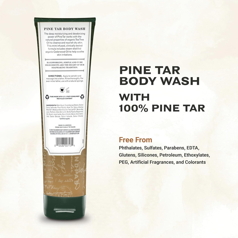 The Grandpa Soap Company Pine Tar Body Wash - Dermatologist Recommended To Cleanse & Moisturize Irritated Skin, Deodorizing Power, With Pine Tar & Tea Tree Oil, 9.5 Fl Oz
