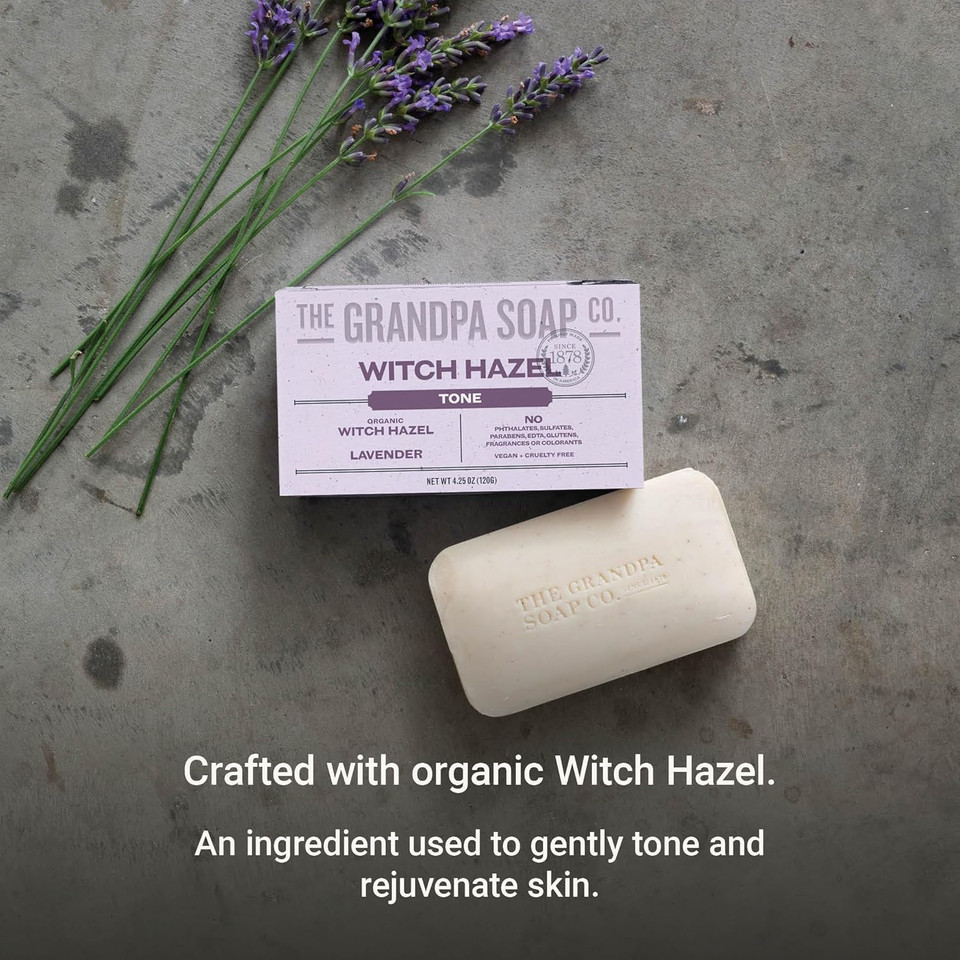 The Grandpa Soap Company Witch Hazel Bar Soap - Tones And Rejuvenates Skin, With Witch Hazel And Lavender, Provides A Relaxing Effect, Vegan, For Face And Body, 4.25 Oz, 3 Pack