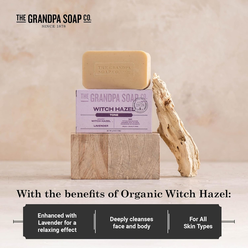 The Grandpa Soap Company Witch Hazel Bar Soap - Tones And Rejuvenates Skin, With Witch Hazel And Lavender, Provides A Relaxing Effect, Vegan, For Face And Body, 4.25 Oz, 3 Pack
