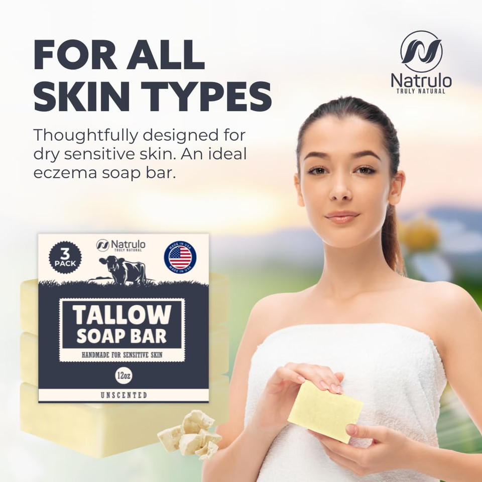 Beef Tallow Soap Bar  All Natural Grass Fed Tallow Soap Unscented  Moisturizing Face & Body Wash Great For Eczema, Dry, Itchy, Sensitive Skin  Handcrafted Bath Soap For Adults, Kids, Made In Usa