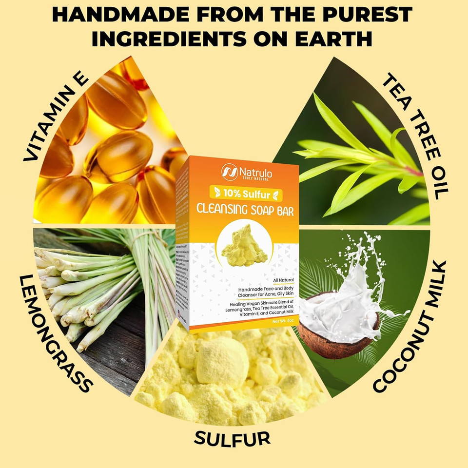 10% Sulfur Soap Cleansing Bar For Face & Body  All Natural Facial Cleanser For Acne, Oily Skin  Healing Skincare Blend Of Lemongrass, Tea Tree Essential Oil, Vitamin E, Coconut Milk  Made In Usa