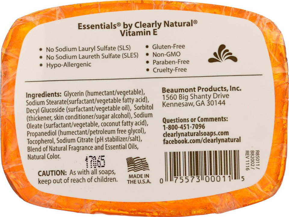 Clearly Natural Essentials Glycerine Soap Bar, Vitamin E, 4 Oz