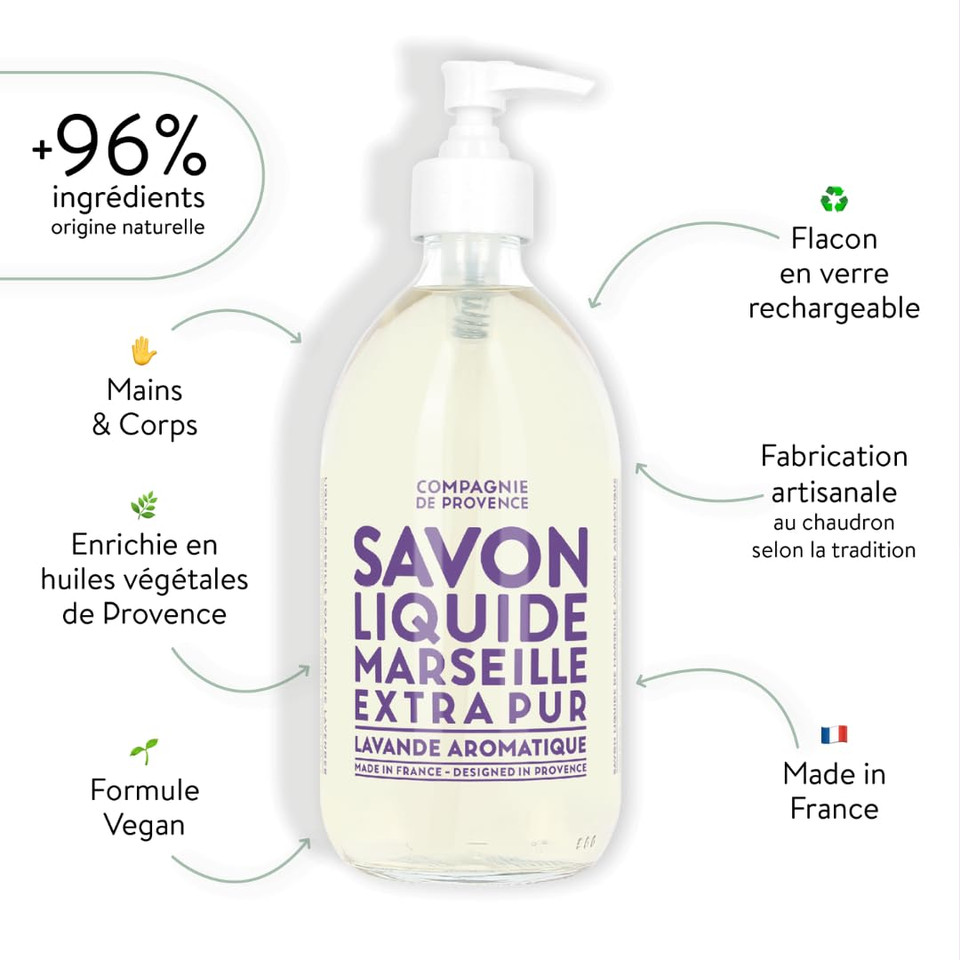 Compagnie De Provence Savon De Marseille Extra Pure Liquid Soap - Aromatic Lavender - 16.7 Fl Oz Glass Pump Bottle