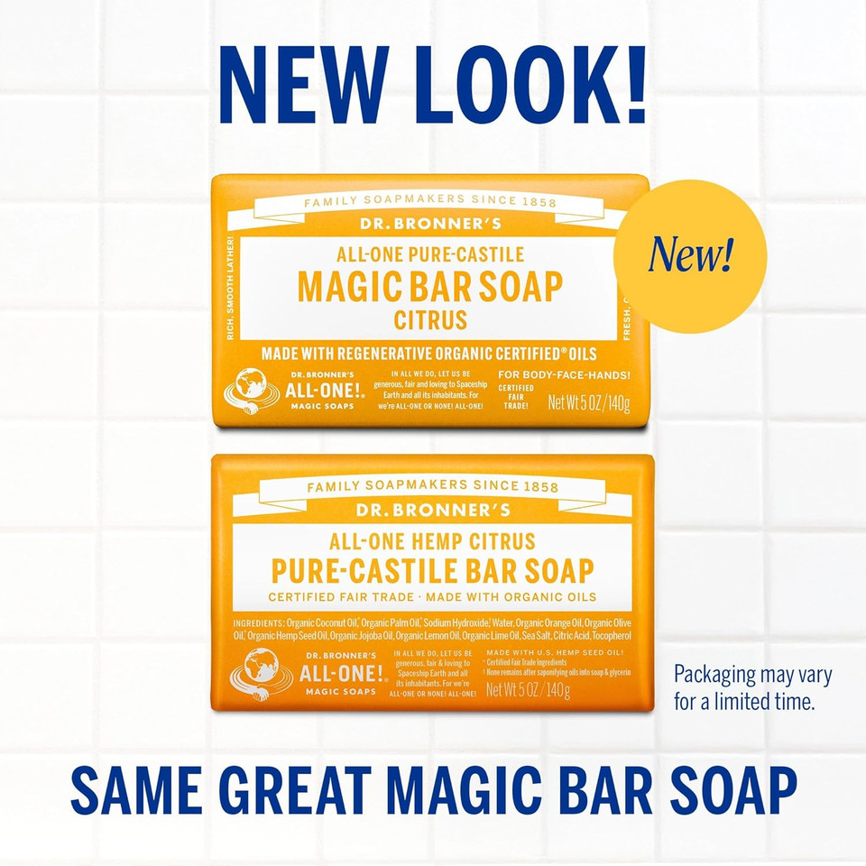 Dr. Bronner'S Pure-Castile Magic Soap Bar (Citrus, 5 Oz, 6-Pack)- Bath Soap With Regenerative Organic Certified Oils- For Face, Body & Hair - Gentle, Biodegradable, Vegan- Bars Soap For Men & Women
