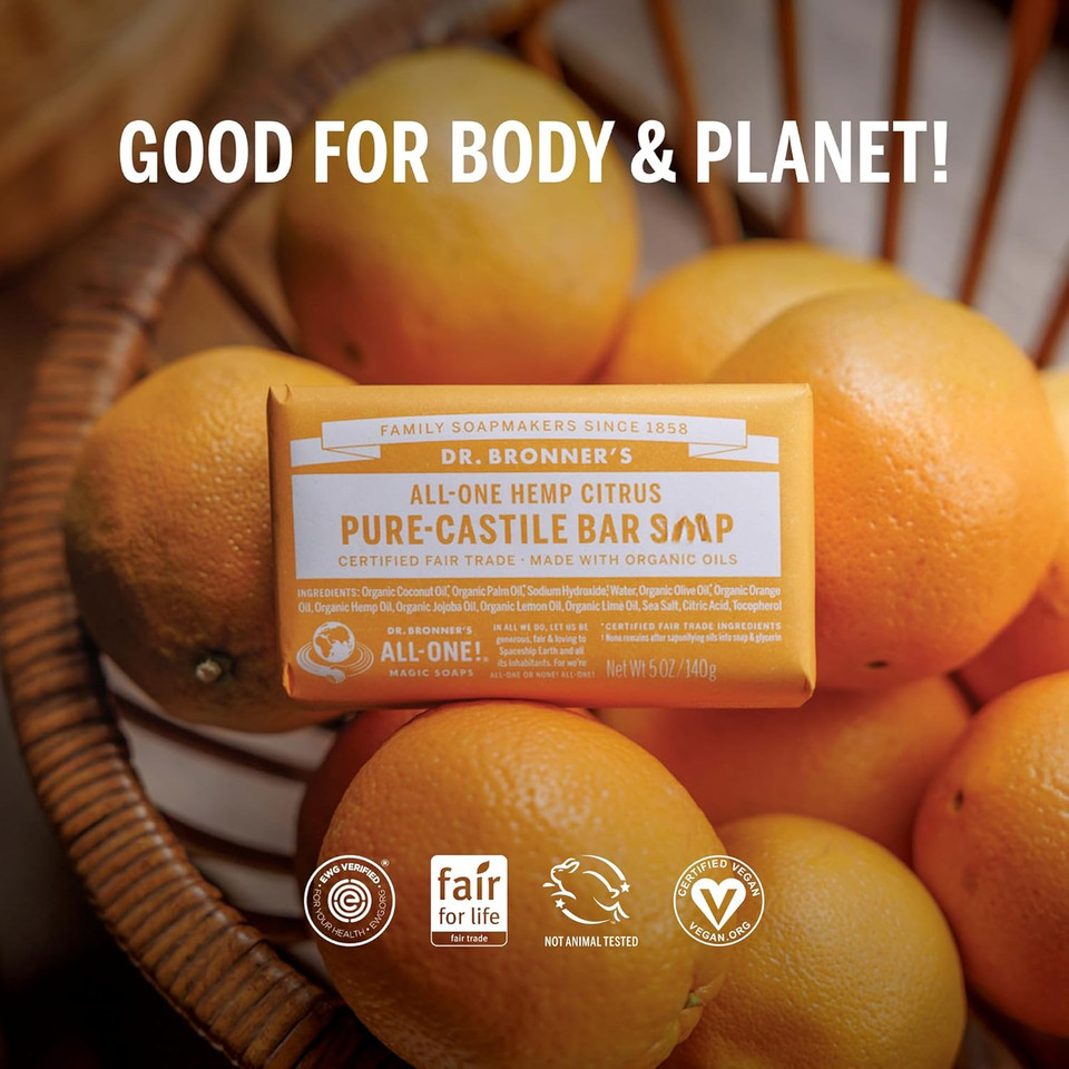 Dr. Bronner'S Pure-Castile Magic Soap Bar (Citrus, 5 Oz, 6-Pack)- Bath Soap With Regenerative Organic Certified Oils- For Face, Body & Hair - Gentle, Biodegradable, Vegan- Bars Soap For Men & Women