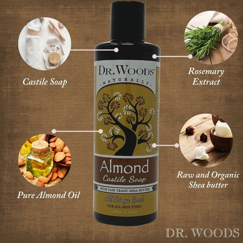 Dr. Woods Almond Liquid Castile Soap - Castile Soap With Pure Almond Oil, Body Wash For Men And Women, Contains Organic Shea Butter, Natural Cleaner For Face, Hands, And Body - 8 Fl Oz Dr. Woods Almond Liquid Castile Soap - Castile Soap With Pure Almond Oil, Body Wash For Men And Women, Contains Organic Shea Butter, Natural Cleaner For Face, Hands, And Body - 8 Fl Oz