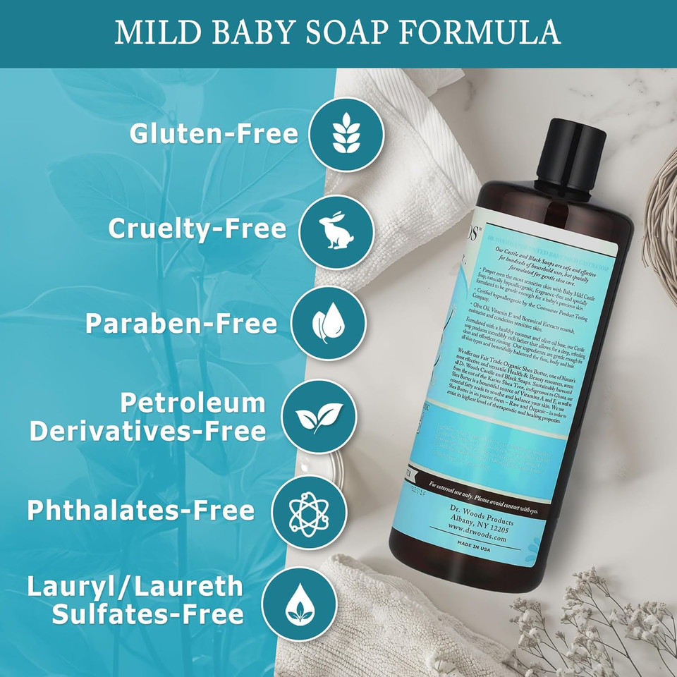 Dr. Woods Baby Mild Unscented Liquid Castile Soap With Organic Shea Butter, 32 Ounce
