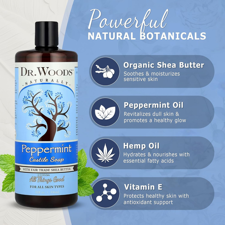 Dr. Woods Peppermint Liquid Castile Soap - Castile Soap With Pure Peppermint Oil, Body Wash For Men And Women, Contains Organic Shea Butter, Natural Cleaner For Face, Hands, And Body - 32 Fl Oz Dr. Woods Peppermint Liquid Castile Soap - Castile Soap With Pure Peppermint Oil, Body Wash For Men And Women, Contains Organic Shea Butter, Natural Cleaner For Face, Hands, And Body - 32 Fl Oz