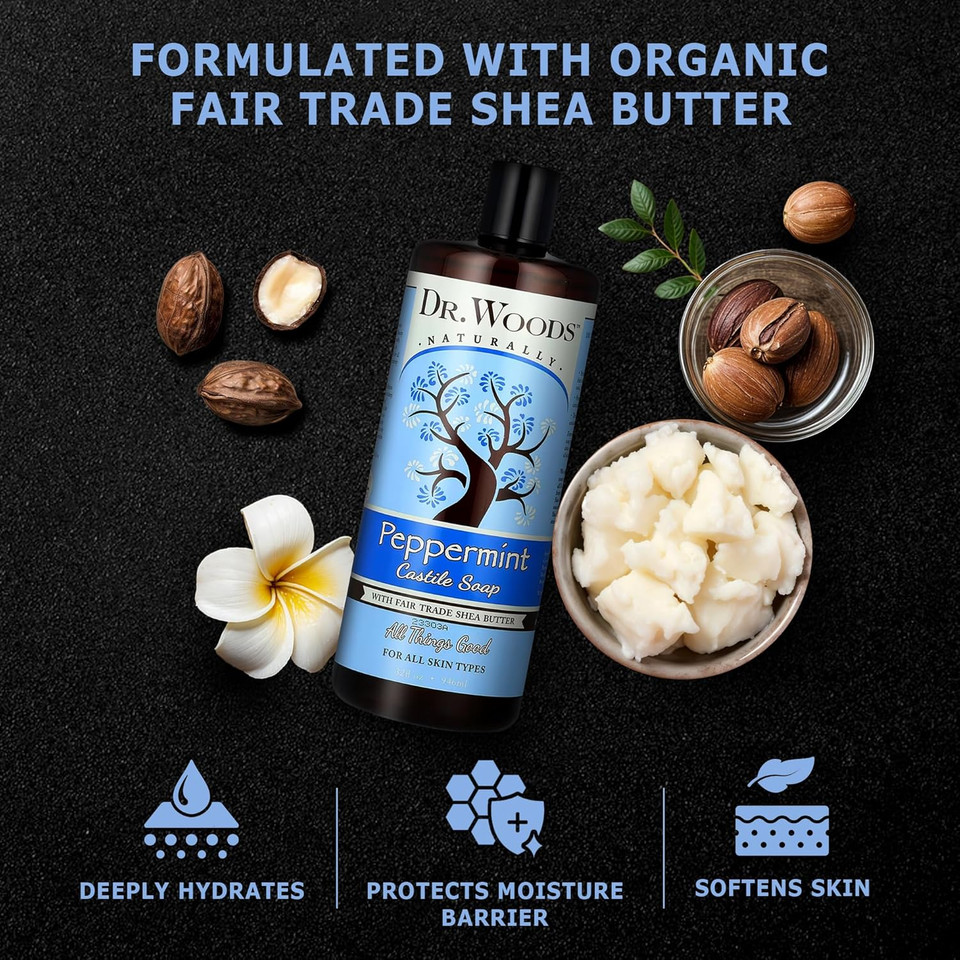 Dr. Woods Peppermint Liquid Castile Soap - Castile Soap With Pure Peppermint Oil, Body Wash For Men And Women, Contains Organic Shea Butter, Natural Cleaner For Face, Hands, And Body - 32 Fl Oz Dr. Woods Peppermint Liquid Castile Soap - Castile Soap With Pure Peppermint Oil, Body Wash For Men And Women, Contains Organic Shea Butter, Natural Cleaner For Face, Hands, And Body - 32 Fl Oz