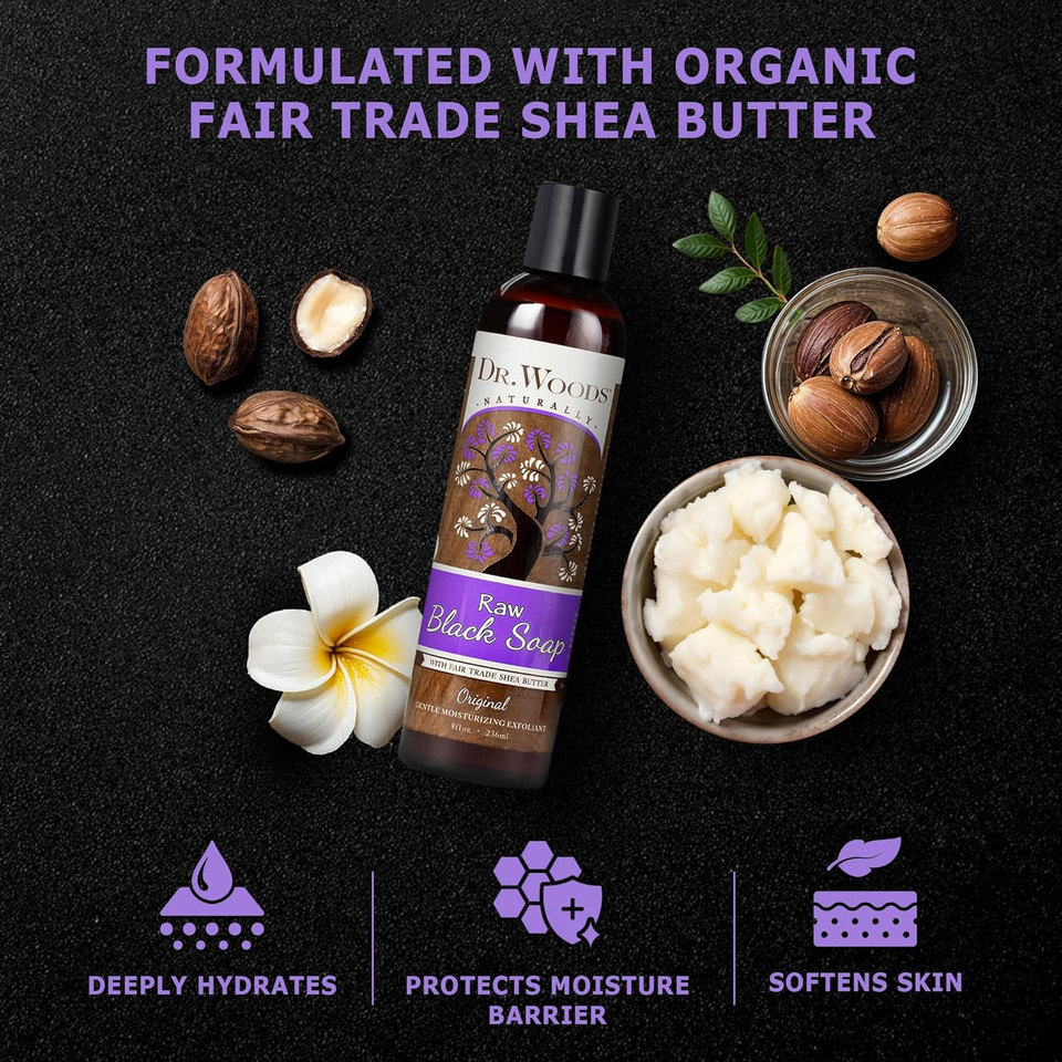 Dr. Woods Raw African Liquid Black Soap - Body Wash For Men And Women, Contains Organic Shea Butter, Gentle Exfoliant, Natural Cleanser For Face, Hands, And Body - 8 Fl Oz