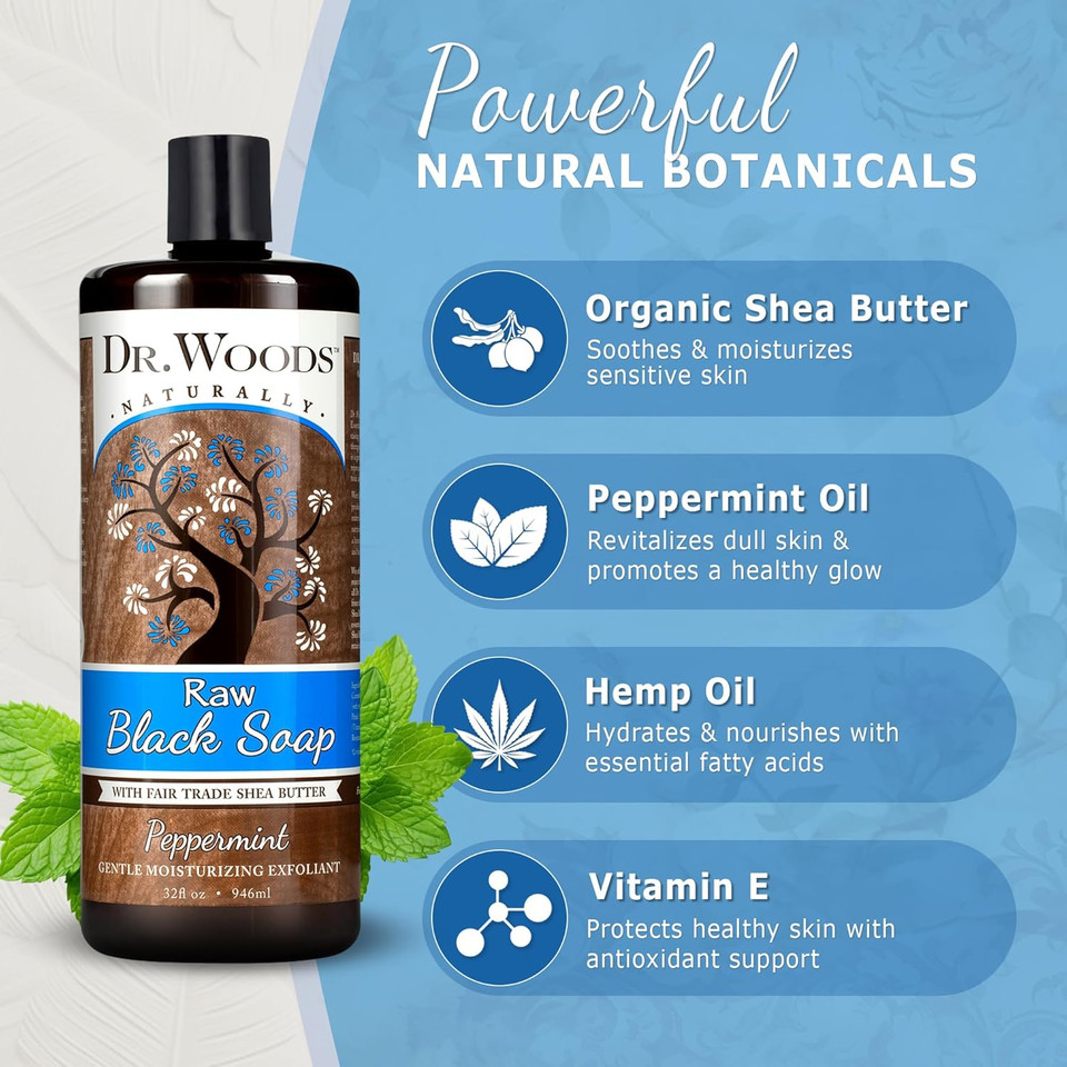 Dr. Woods Raw African Liquid Peppermint Black Soap - Body Wash For Men And Women, Contains Peppermint Oil And Organic Shea Butter, Gentle Exfoliant, Natural Cleanser For Face, Hands, Body - 32 Fl Oz
