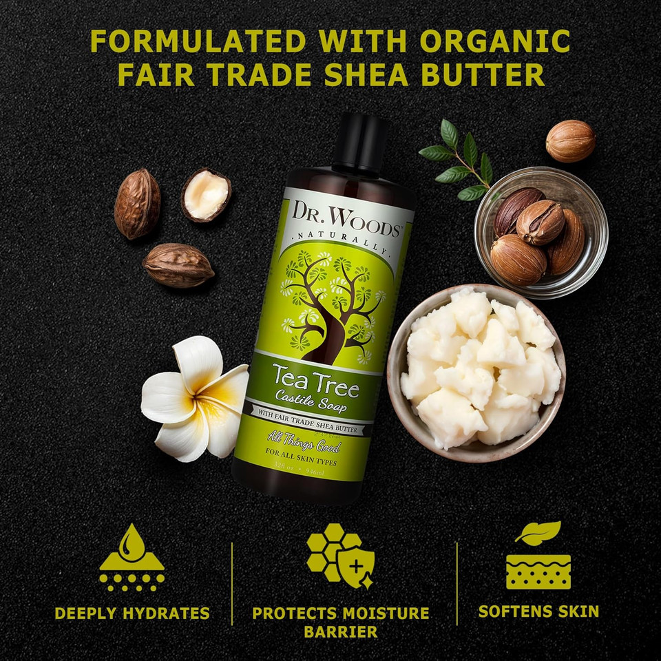 Dr. Woods Tea Tree Liquid Castile Soap - Castile Soap With Pure Tea Tree Oil, Body Wash For Men And Women, Contains Organic Shea Butter, Natural Cleaner For Face, Hands, And Body - 32 Fl Oz