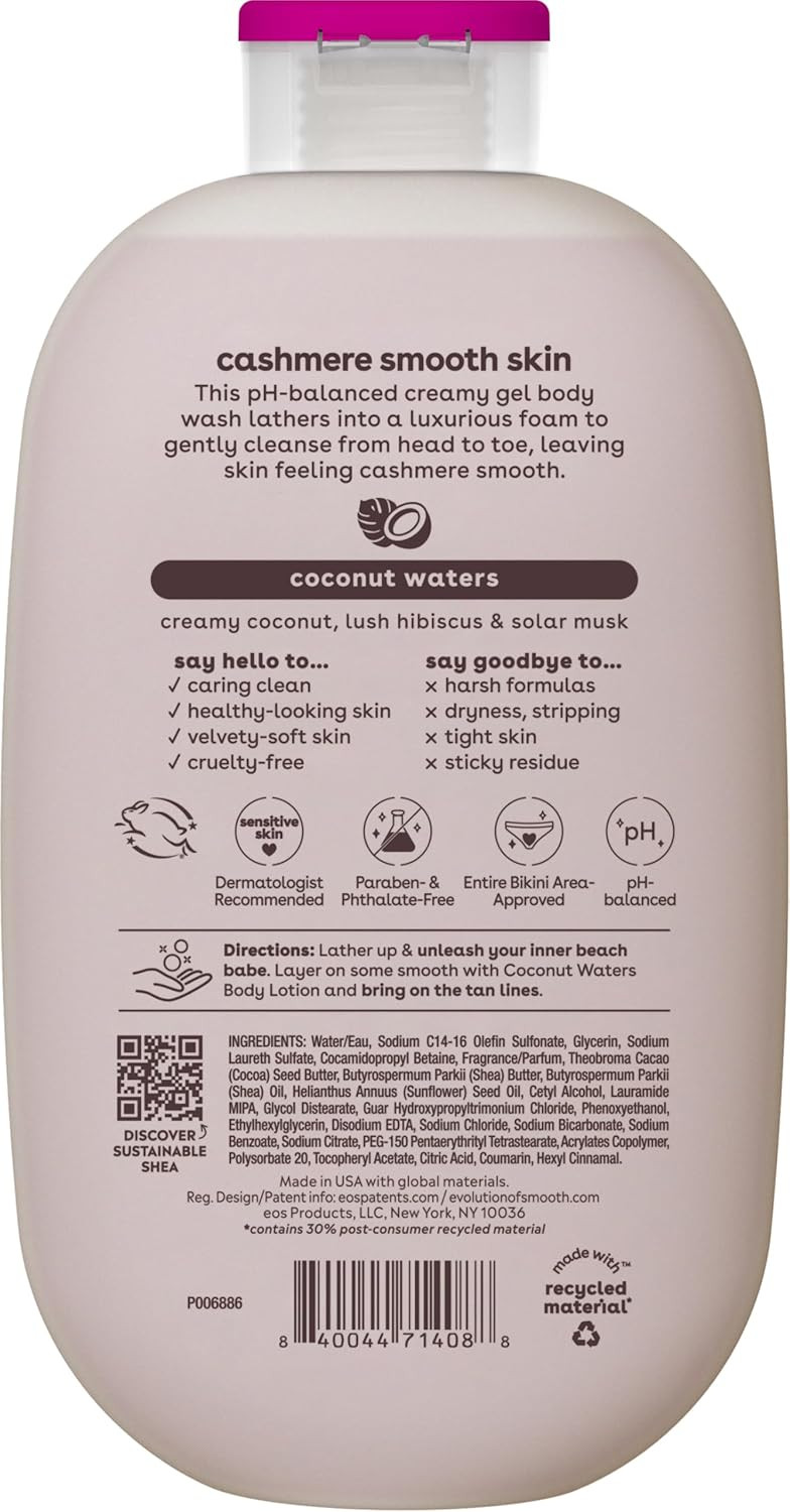 Eos Shea Better Cashmere Body Wash, Coconut Waters, Moisturizing, Ph Balanced Body Wash, Creamy Gel Formula, Paraben & Phthalate Free, Sensitive Skin, 16 Fl Oz