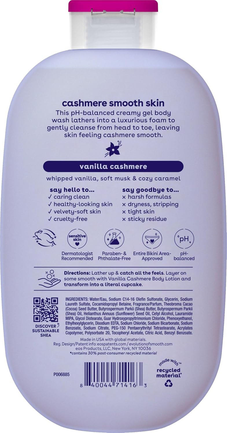 Eos Shea Better Cashmere Body Wash, Vanilla Cashmere, Moisturizing, Ph Balanced Body Wash, Creamy Gel Formula, Paraben & Phthalate Free, Sensitive Skin, 16 Fl Oz