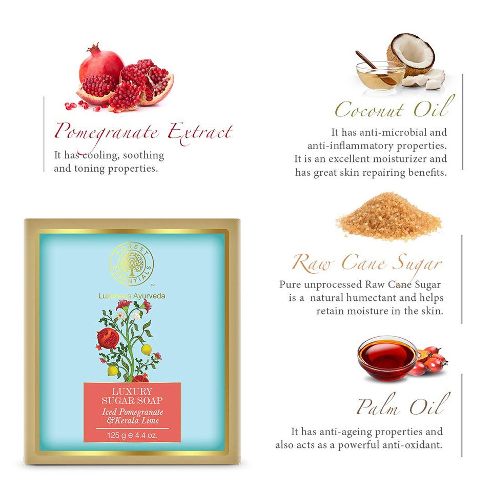 Forest Essentials Luxury Sugar Soap, Iced Pomegranate With Fresh Kerala Lime, 125G