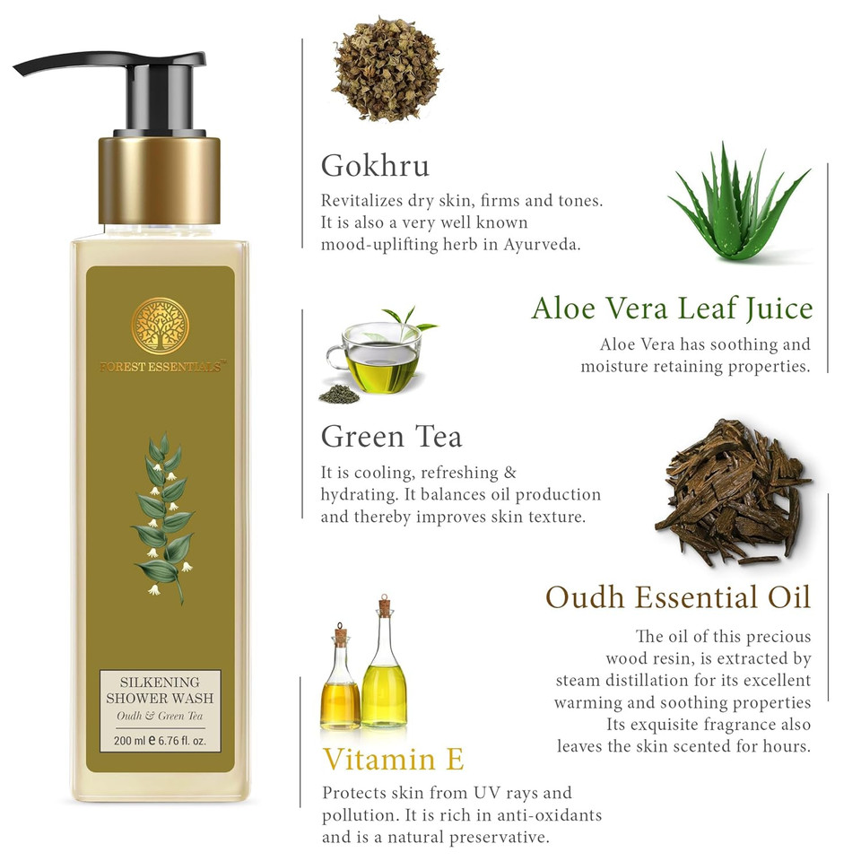 Forest Essentials Oudh And Green Tea Silkening Shower Wash, 200Ml