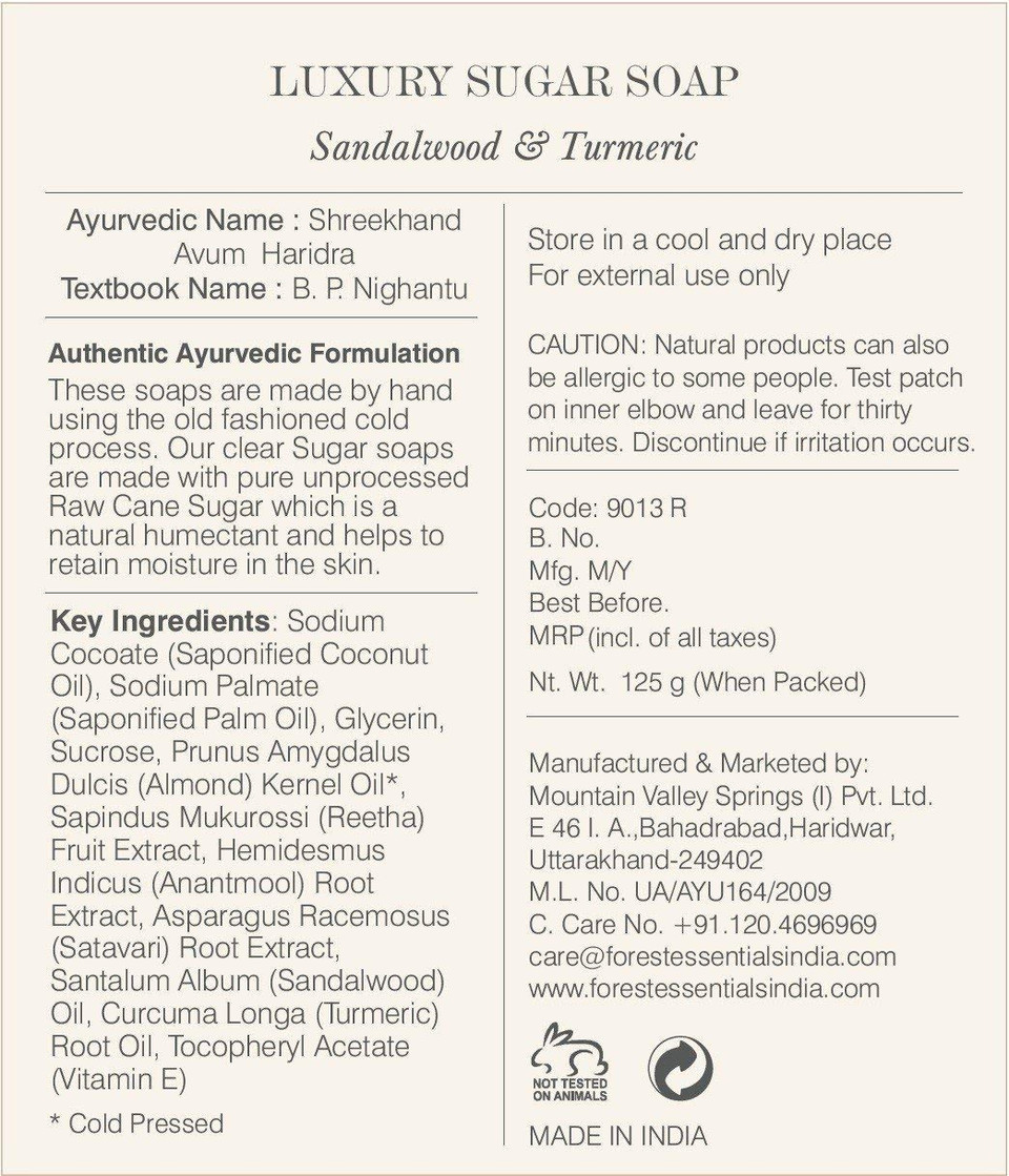 Forest Essentials Sandalwood And Turmeric Luxury Sugar Soap, 125G