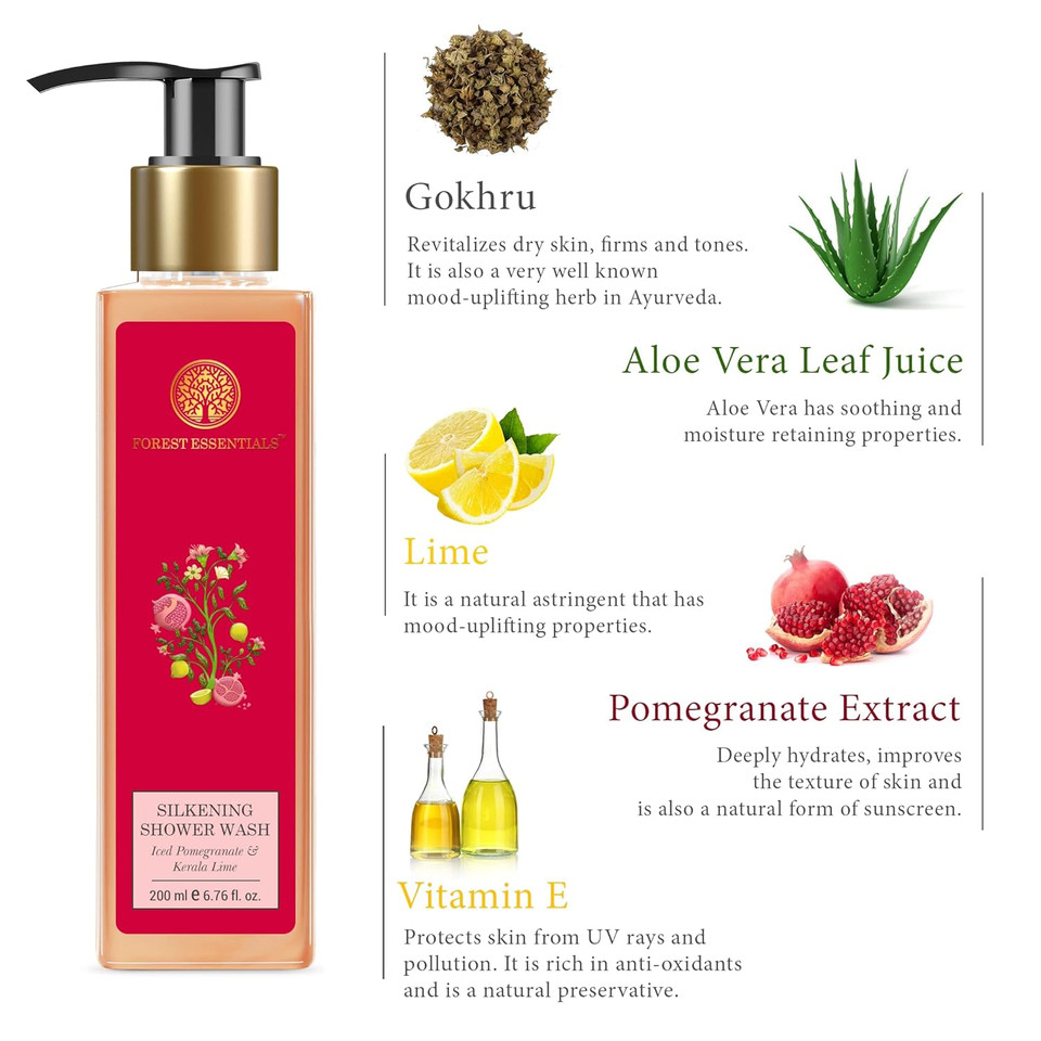 Forest Essentials Silkening Shower Wash, Iced Pomegranate With Fresh Kerala Lime, 200Ml