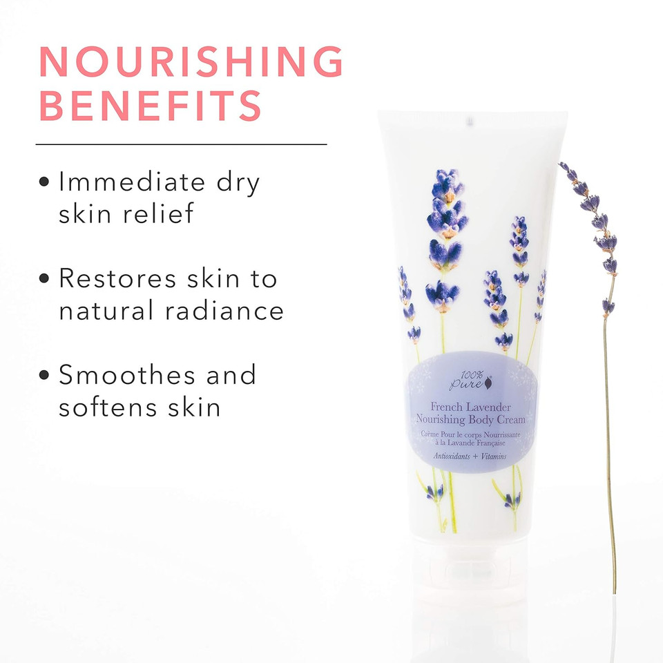 100% Pure Nourishing Body Cream French Lavender Lotion Luxurious Botanical Dry Skin Hydration & Replenishment, Natural Anti-Aging Moisturizer & Skincare For All Skin Types Women & Men - Vegan - 8 Oz