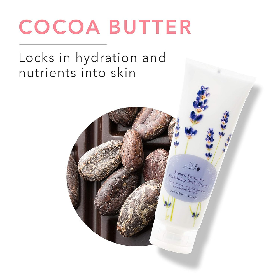 100% Pure Nourishing Body Cream French Lavender Lotion Luxurious Botanical Dry Skin Hydration & Replenishment, Natural Anti-Aging Moisturizer & Skincare For All Skin Types Women & Men - Vegan - 8 Oz