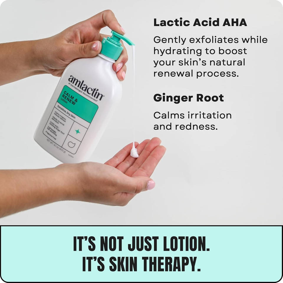 Amlactin Calm & Renew Lotion, 14.1 Oz - Therapeutic Body And Face Moisturizer For Sensitive Skin - Exfoliator And Body Lotion For Dry Skin With Lactic Acid Aha And Soothing Ginger Root