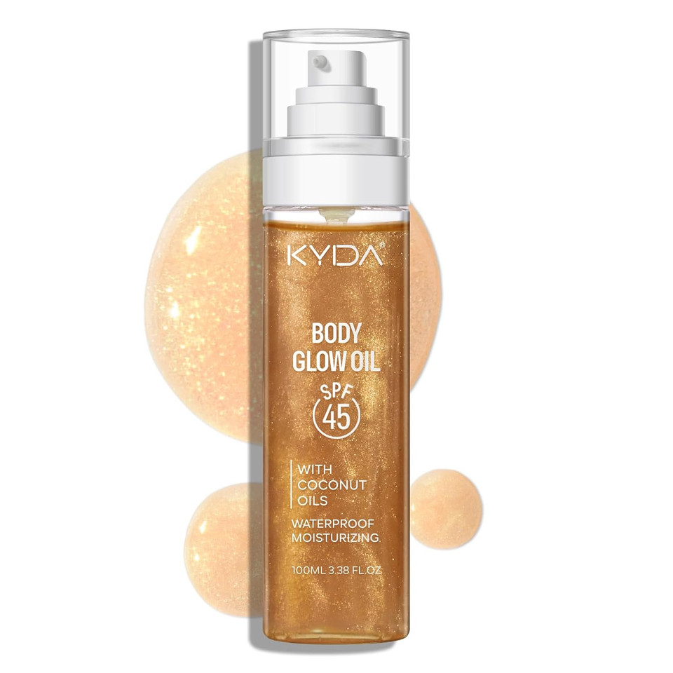 Kyda Body Glow Oil, Spf 45 Sunscreen Body Oil With Gold Mica, Sun-Kissed Glow Skin Illuminator, Moisturizing Coconuts Summer Sunscreen, Water Resistant, 3.38 Fl Oz, Amber