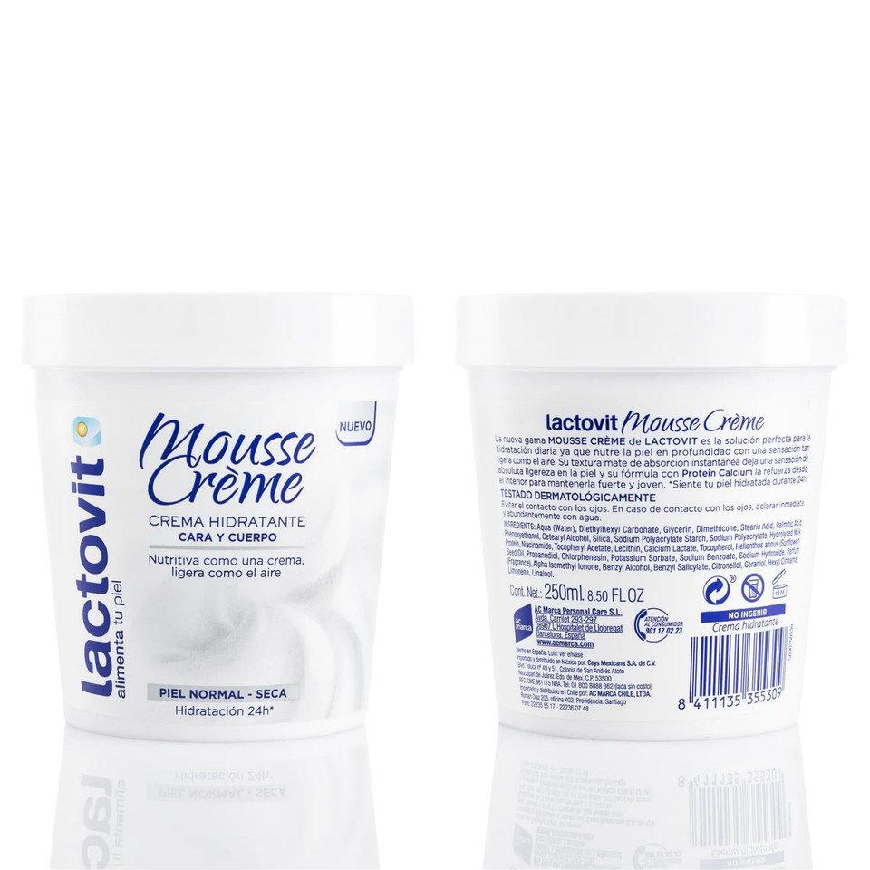 Lactovit Mousse Creme, Crema Hidratante Para La Cara Y El Cuerpo Para Piel Normal A Seca, Nutritiva Y Ligera, 8.5 Oz (250Ml)