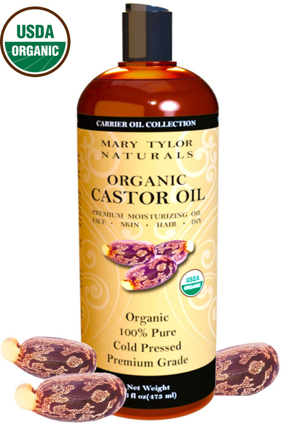 Organic Castor Oil 16 Oz  Usda Certified By Mary Tylor Naturals  Cold Pressed, Hexane Free, 100% Pure And Natural
