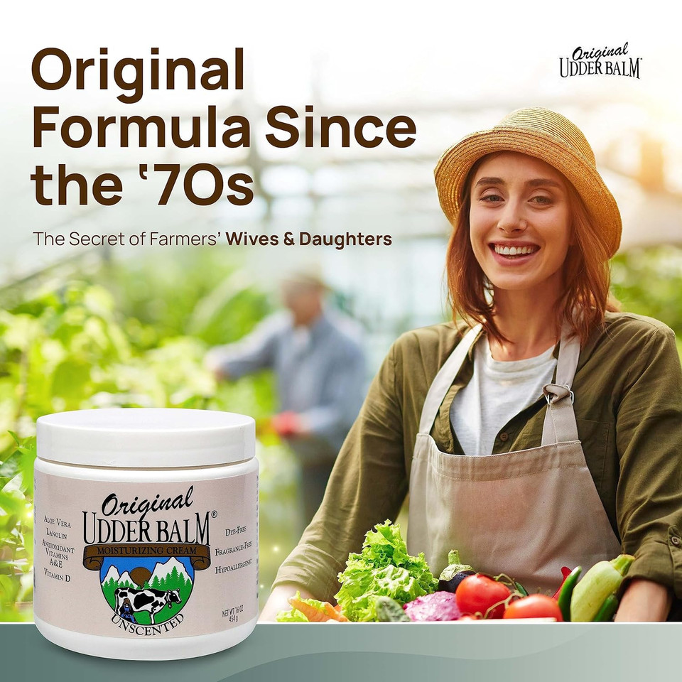 Original Udder Balm Unscented Jar - Made In Usa - Hypoallergenic Moisturizer Cream For Dry, Cracked Skin, 16 Oz